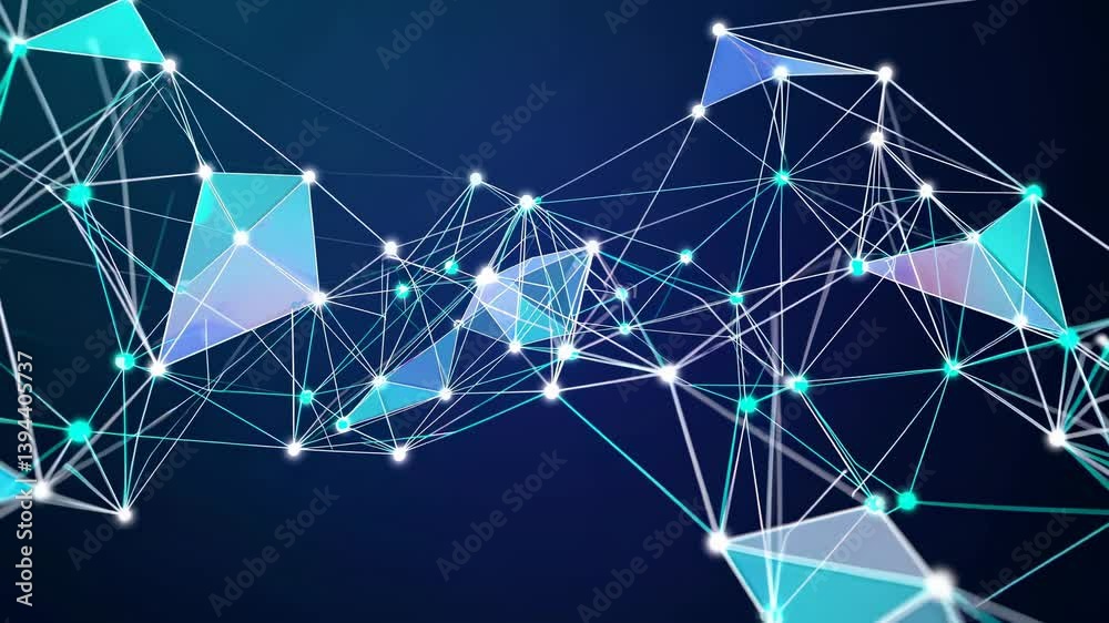 Poster glowing interconnected lines and triangles create a complex plexus structure, forming a futuristic n