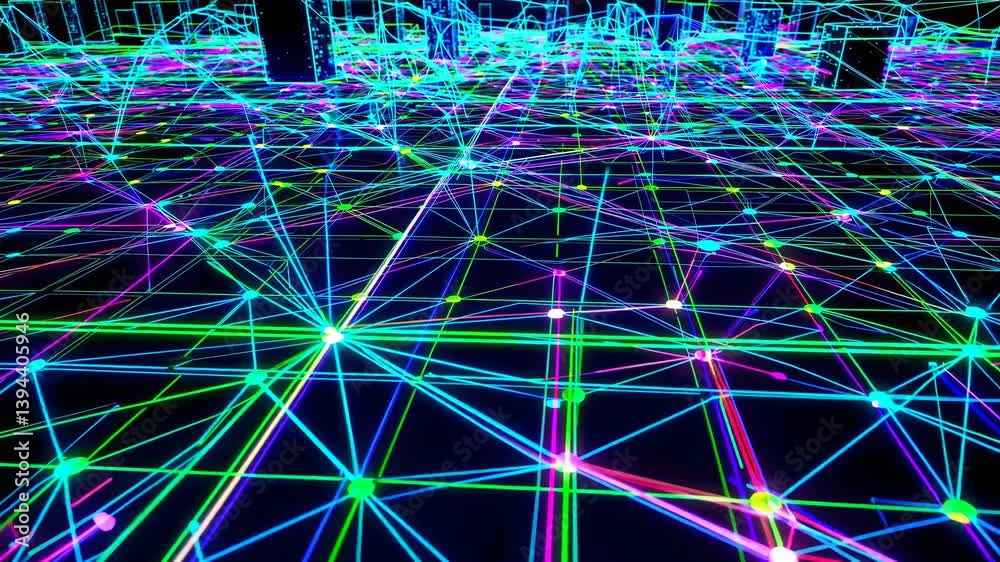 Poster complex network of colorful lines and glowing nodes connecting buildings in a futuristic cityscape, 