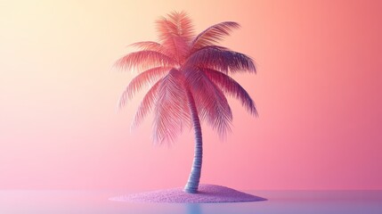 Fototapeta premium A vibrant digital illustration of a palm tree on a small island, set against a gradient background of soft pink and purple hues.
