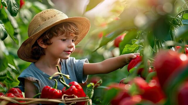 the child collects pepper. Selective focus