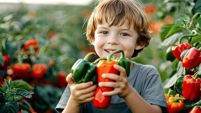 the child collects pepper. Selective focus