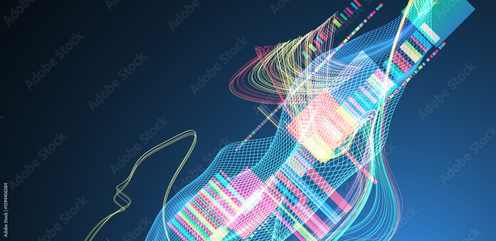 Poster Abstract data waveform background with dynamic lines, grids, and color bars. Vector illustration.