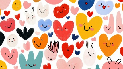 Playful Colorful Heart Patterns with Cute Faces and Friendly Vibes
