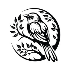 Elegant Silhouette Bird on Branch with Leaf Accents Inside Circular