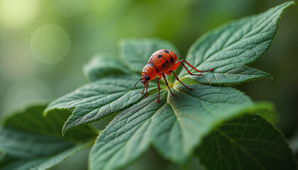 Red insect perched on green leaf against blurred nature background -  
