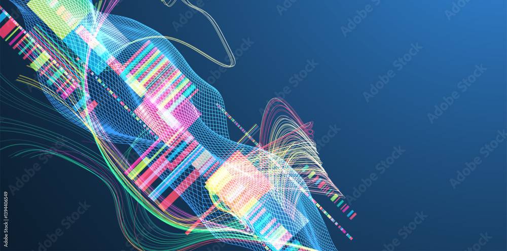 Poster Abstract data waveform background with dynamic lines, grids, and color bars. Vector illustration.