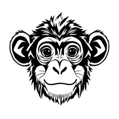 Obraz premium Close-up illustration of a chimpanzee's face with large expressive eyes and a slight smile, black and white.