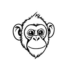 Obraz premium Cartoon monkey face, black and white line drawing with large expressive eyes and fluffy hair.