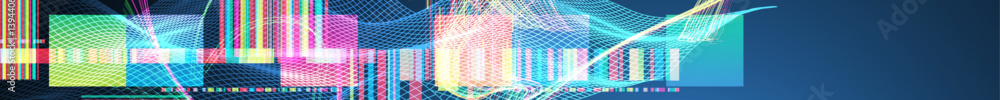 Poster Abstract data waveform background with dynamic lines, grids, and color bars. Vector illustration.