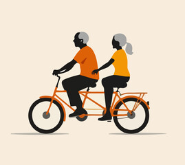 Obraz premium Active grandparents on vacation. Elderly couple African American riding an orange tandem bicycle. Symbolizes active aging, partnership, lasting love, shared activity, and retirement leisure.