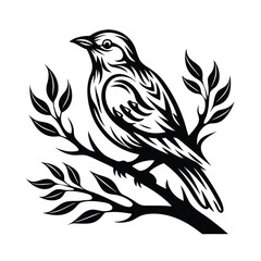 Silhouette Songbird Black and White Design, Bird on Branch, Isolated Fauna