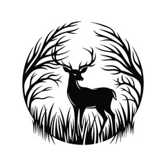 Elegant Silhouette of Deer with Antlers Surrounded by Trees and Grass in Circle