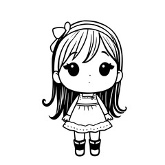 Fototapeta premium Cute cartoon girl with long hair, wearing a dress and boots, with a bow in her hair