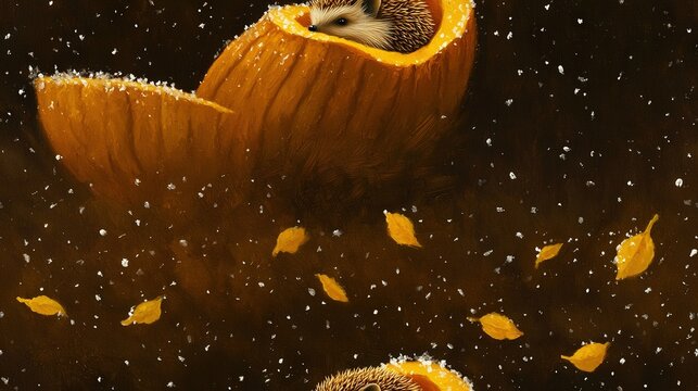   A painting depicts two hedgehogs sitting inside a pumpkin amidst snow-covered ground and falling leaves
