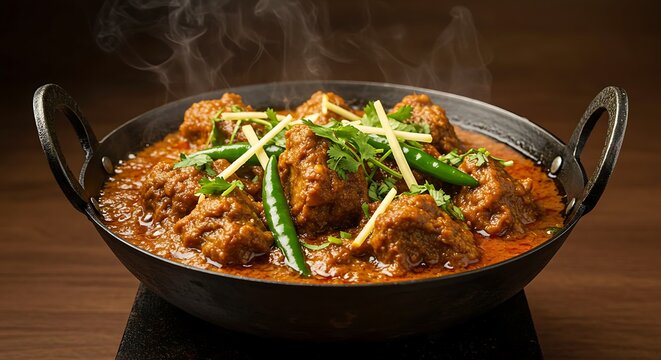 A sizzling mutton sukha karahi served in a traditional iron wok, coated in thick, spicy masala, garnished with fresh coriander, green chilies, and slivers of ginger&mdash;steam rising as the oil glistens un