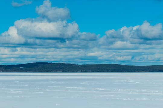 Spring-winter March landscape of the large Onega Lake in Karelia.
