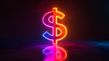 neon dollar sign glowing close up financial symbol concept, bright colorful currency icon illuminated on dark background, modern business profit idea, digital economy wealth representation, investment