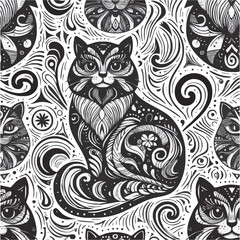 Cute black and white cartoon cat vector pattern design