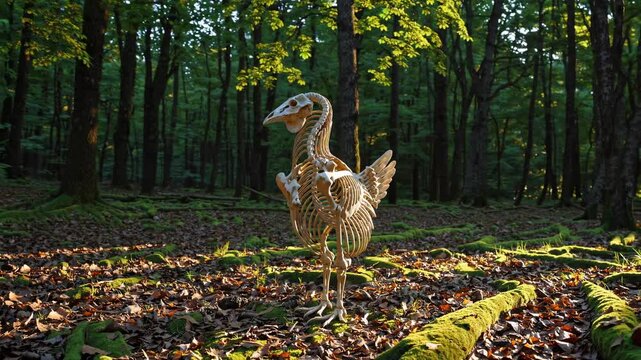 Intriguing chicken skeleton standing in a forest clearing covered in moss, leaves, and exposed tree roots, illuminated by the warm glow of the setting sun