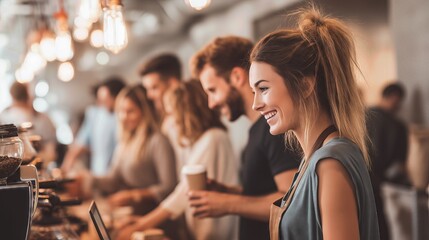 Smiling female barista serving customers in modern coffee shop, great for service industry and small business concepts