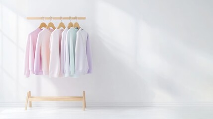 Fototapeta premium Pastel-colored sweaters on a wooden clothes rack