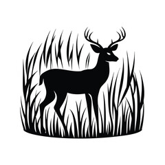 Silhouette of a Majestic Deer with Antlers Standing Among Tall Grasses in Black