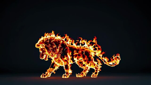 Majestic lion engulfed in flames strides confidently across a dark backdrop, exuding power and strength while creating a visually striking and captivating image of energy and danger
