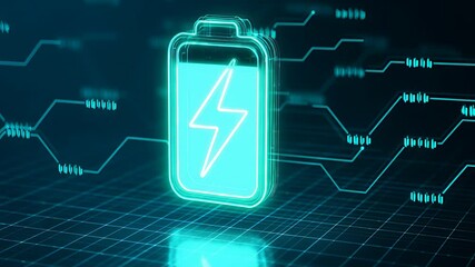 Digital Battery Icon with Charging Symbol and Energy Flow on Circuit Background

