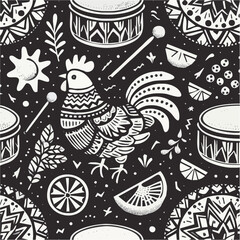 Seamless vector pattern design with floral bird illustration and funny cartoon texture