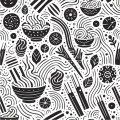 Seamless kitchen utensil and accessory pattern with doodle elements and food-themed illustrations