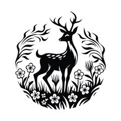 Elegant Silhouette of a Deer with Antlers Amidst Flowers & Grasses in Black & White