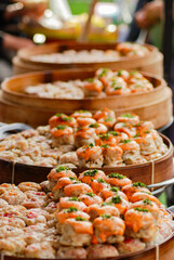 dim sum from top angle, Japanese street food, tempura and sushi in wooden box