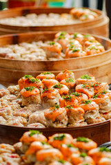 dim sum from top angle, Japanese street food, tempura and sushi in wooden box
