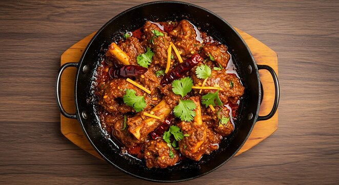 Top-down view of a spicy, dry mutton karahi dish in a blackened pan, garnished with chili flakes and herbs