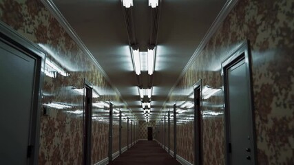 Fluorescent lamps illuminate a long, narrow corridor with many doors, creating reflections on the glossy, patterned wallpaper, giving a mysterious and eerie atmosphere - Powered by Adobe