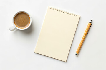 notebook and coffee on white background