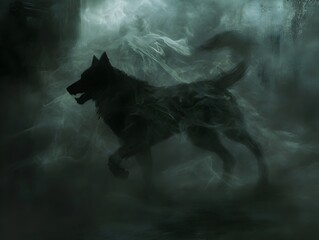 Obraz premium Ominous Black Canine Phantom Hound Shrouded in Shadowy Tendrils Pulsing Energy of the Underworld