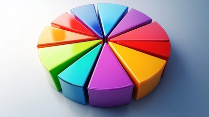 Obraz premium A top-down view of a D pie chart with vibrant colors and varying segment sizes, representing budget allocation, set against a light surface for emphasis.