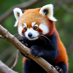Close-up of a captivating red panda cub perched on a branch.