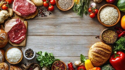 A vibrant display of fresh ingredients including meats, vegetables, grains, and herbs arranged around a wooden surface, perfect for a culinary creation.
