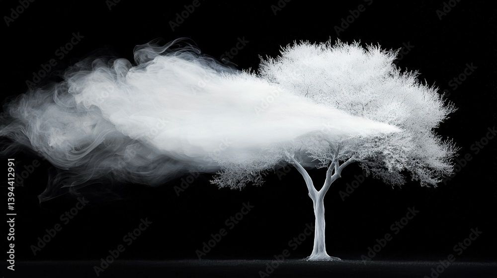 Wall mural a tree with white smoke billowing from its trunk and a white cloud emanating from its trunk