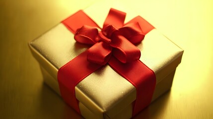 Obraz premium Luxury Gold Gift Box with Red Ribbon Bow