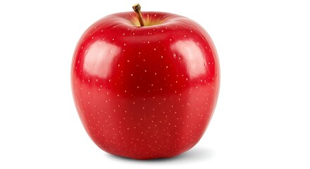 A vibrant, glistening red apple, a symbol of health and freshness, showcased against a stark white background with a crisp, clean focus.