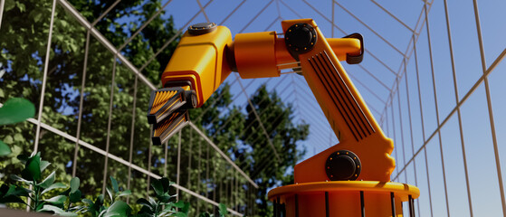 A robot is in a greenhouse with plants