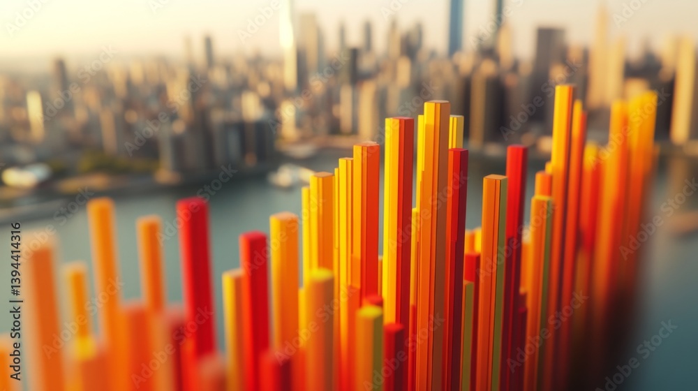 Poster A top-down view of a vibrant D bar graph with floating bars arranged in a wave pattern, creating a visually dynamic effect against a soft-focus city skyline.