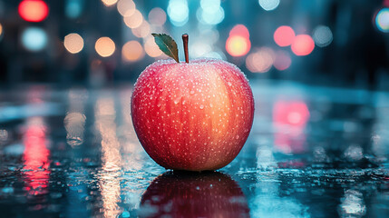 A glistening red sits on a wet city street at night reflecting the colorful blurry lights of the urban background.