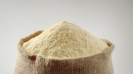 Pile of Fine Yellow Flour in a Natural Burlap Sack with Neutral Background