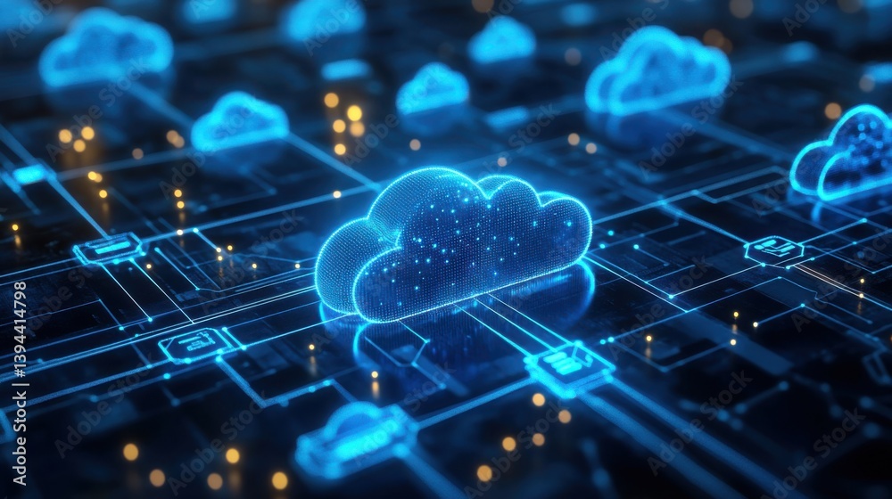 Poster a futuristic digital representation of interconnected clouds, symbolizing cloud computing and data n