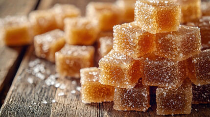 A delectable pyramid of glistening amber-colored fruit jellies sits on a rustic wooden surface sprinkled with sugar crystals.