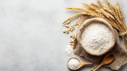 Flour in Burlap Sack with Wheat Stalks and Oats on Gray Background for Bakery and Cooking